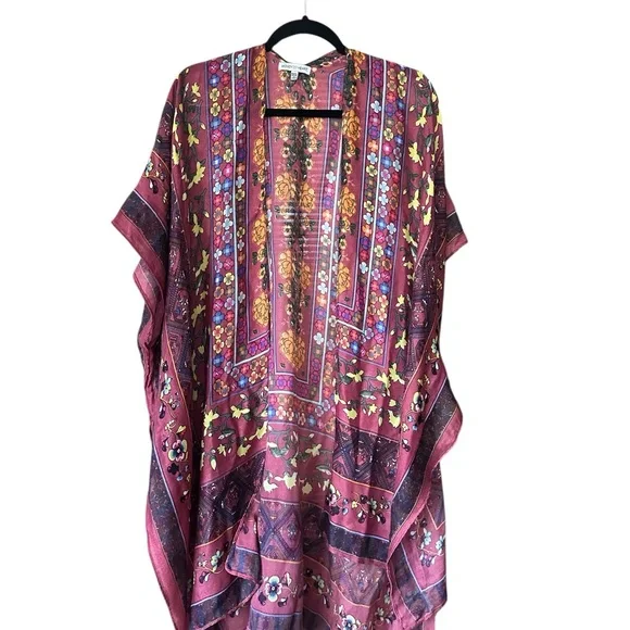 Woven Heart Rose-Print Open Kimono in Mauve and Mustard - Picture 2 of 5